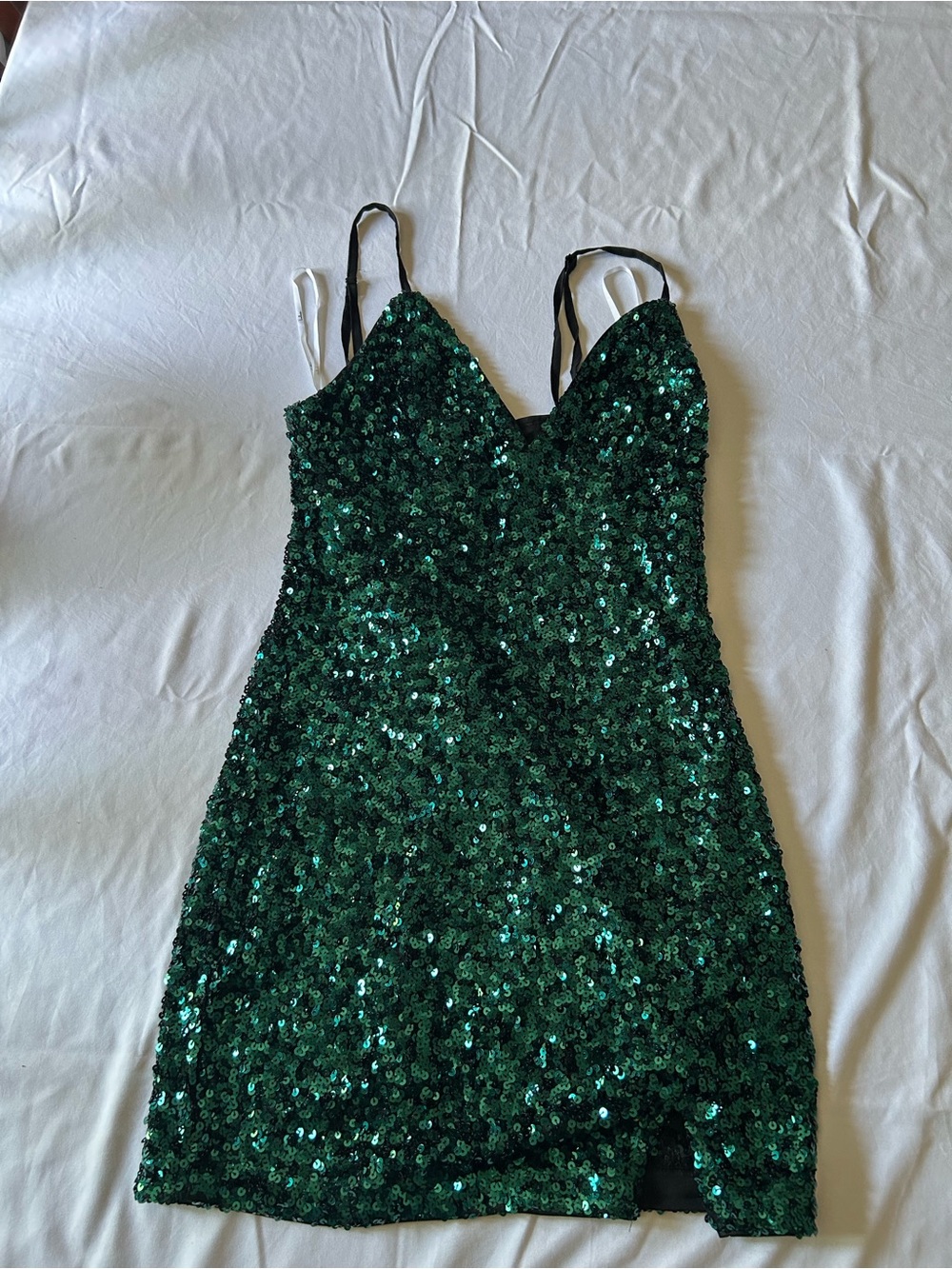 Lulu’s Emerald Green Sequin Bodycon Mini Dress Size M Spaghetti Strap Party
